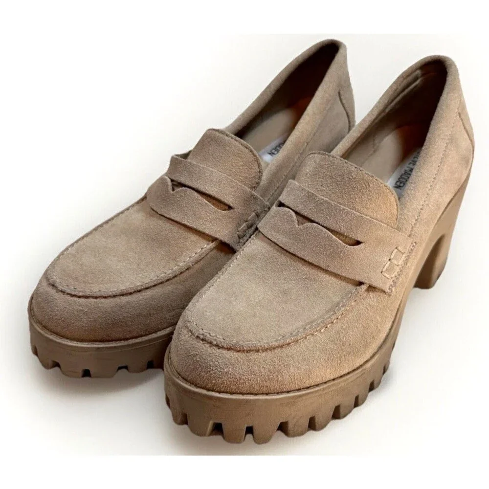 Steve Madden Binary Size 10 Tan Suede Platform Penny Loafers Y2K‎ Chunky